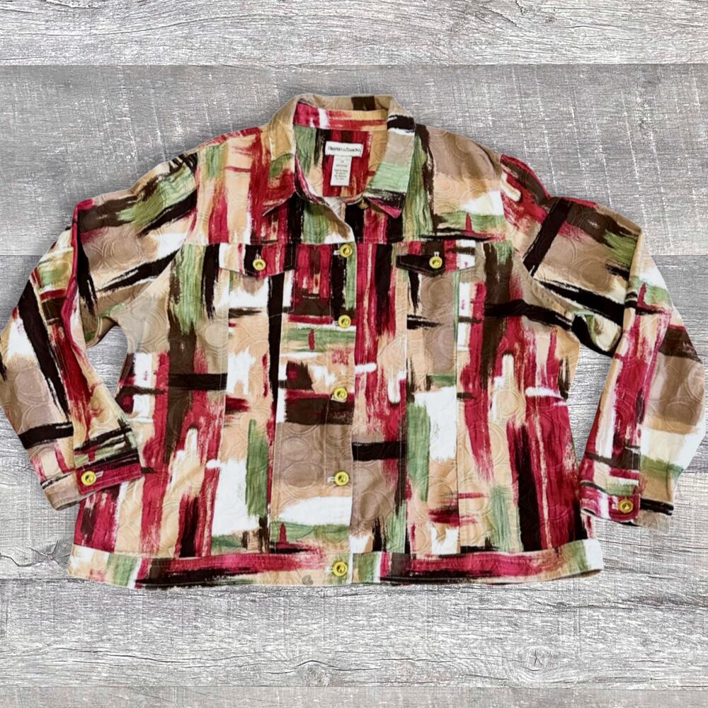 Drapers & Damons Geometric Textured Button Up Jacket Womens 2X Cotton Tan Multi